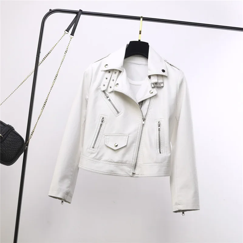 Streetwear Style Ladies Motorcycle Biker Leather Jacket Women Short Moto Zipper Faux Leather Black White Short Jackets and Coats