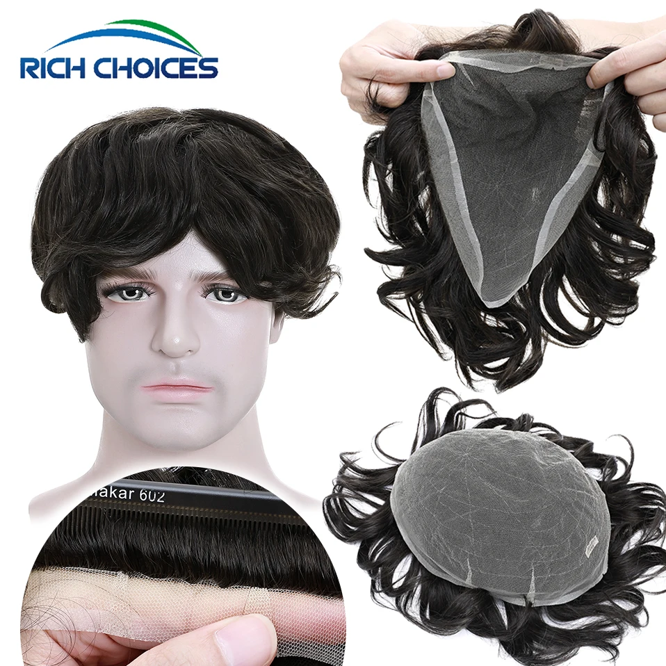 Rich Choices Full Swiss Lace Men Toupee Wig For Man Hair Replacement System Prosthesis 30mm Wavy 90% Density Natural Hair Pieces