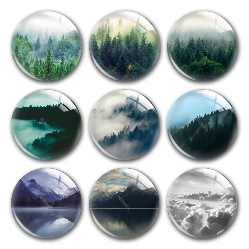 

Handmade Jungle Forest Leaf Tree Mountain Round Photo Glass Cabochons Demo Flat Back DIY Jewelry Making Findings Accessory