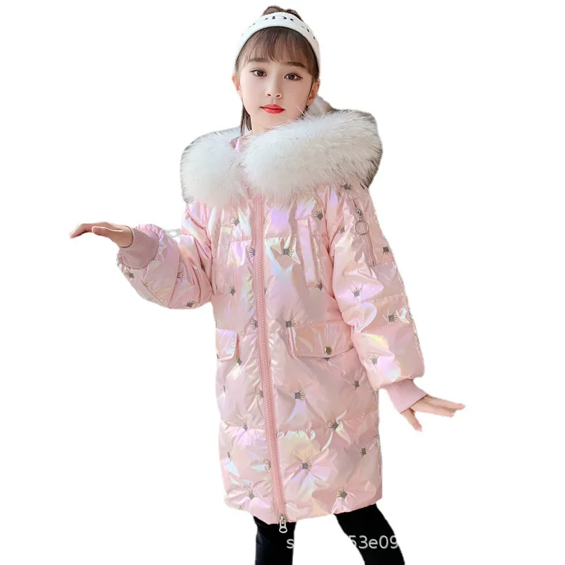 New children s down jacket girls mid-length Coat baby Girls winter clothes disposable crown embroidered jacket thickening 1-8Y