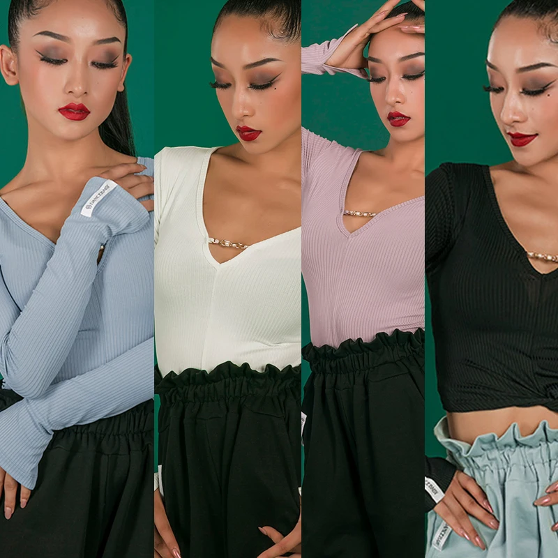 Топы с длинным рукавом для латиноамериканских танцев женское тренировочное