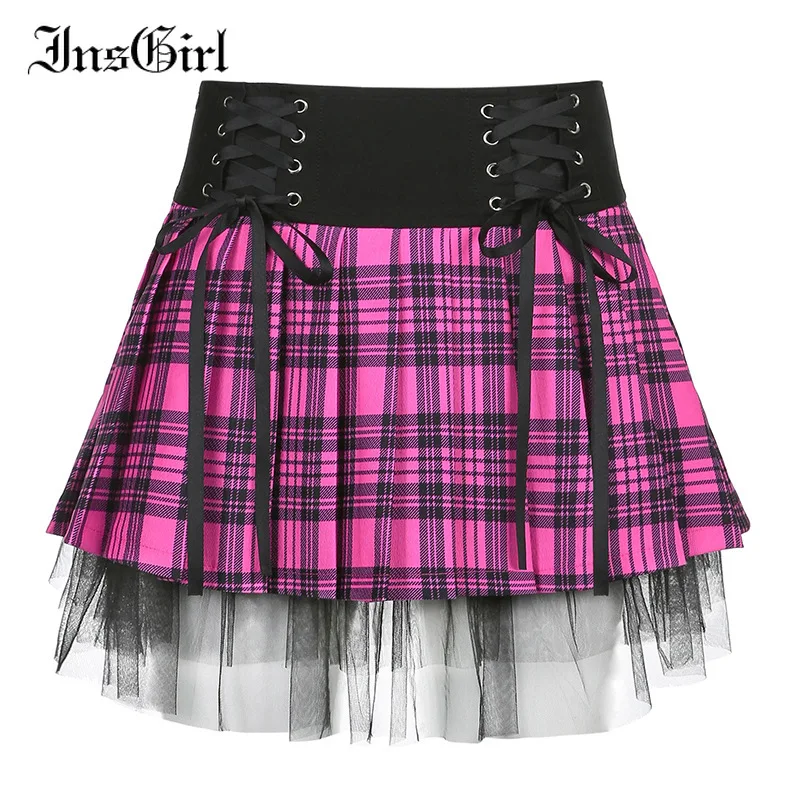 

InsGirl Lolita Cute Plaid Skirt Women Vintage Harasjuku Y2k E-girl High Waist Lace Up Pleated Skirt Streetwear Cosplay Partywear