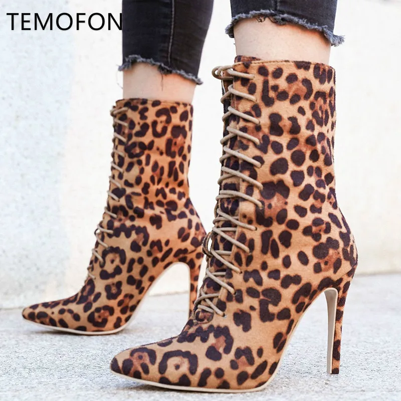 TEMOFON high heels boots women pointed toe PU leather ankle female lace up winter shoes leopard ladies 2020 HVT1408 | Обувь
