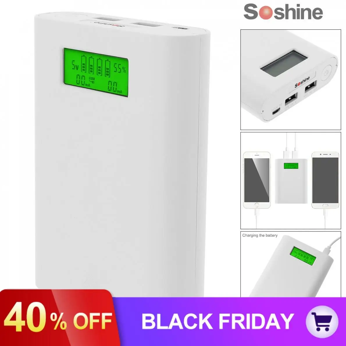 Soshine E3S 18650 портативное зарядное устройство с двумя USB+ интеллектуальное 18650 зарядное устройство с ЖК-дисплеем
