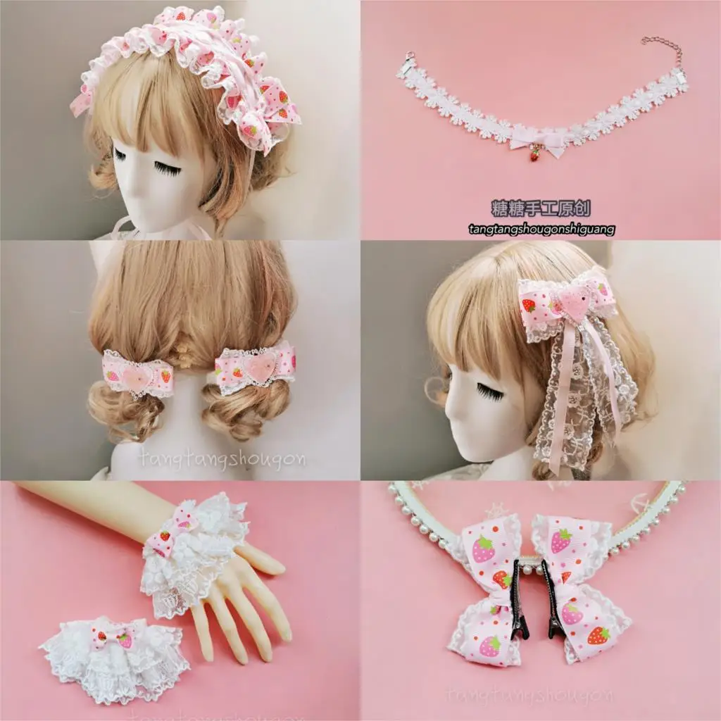 

Original Handmade Lolita Hair Band Sweet Pink Strawberry Lolita Hair Accessories Cute All-match Lo Niang Headdress Small Things