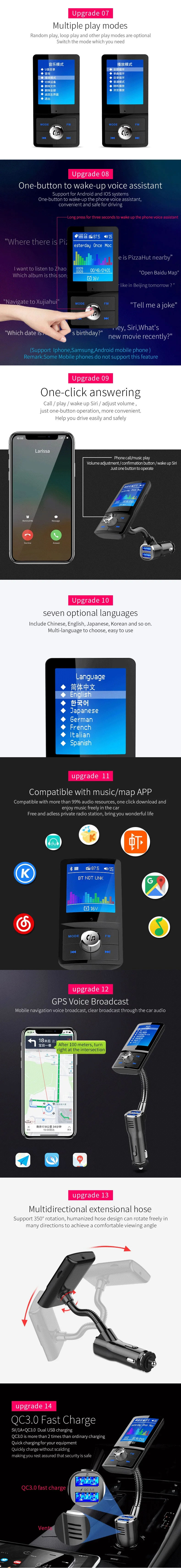 Aux usb bluetooth fm-передатчик модулятор цветной экран MP3 беспроводной Bluetooth громкой связи автомобильный комплект с QC3.0 двойное зарядное устройство usb