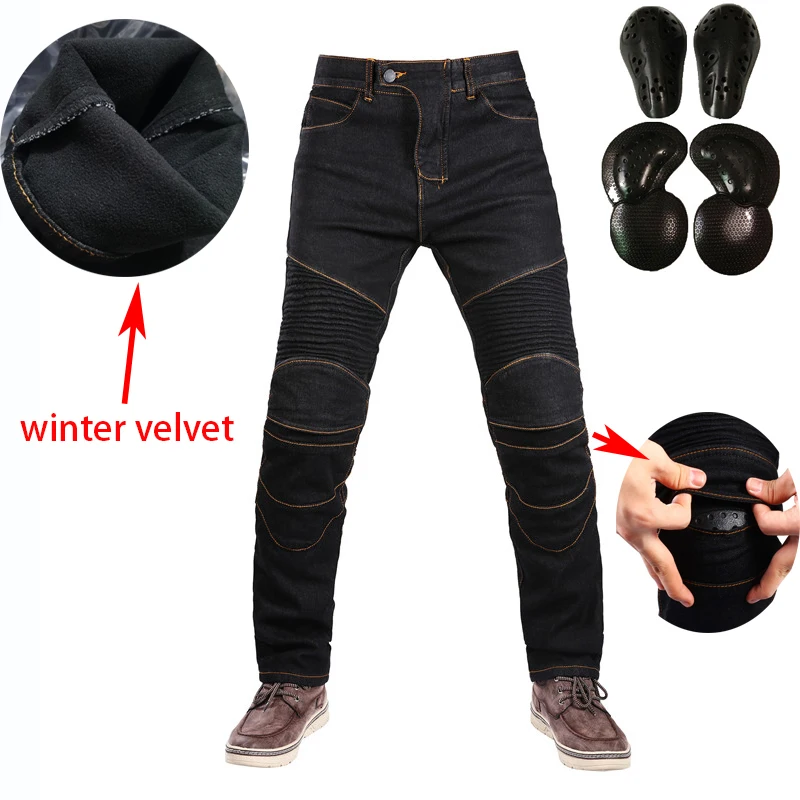 Motorcycle Riding Jeans Locomotive Fall And Winter Riding Windproof Warm Stretch Plus Cashmere Pants Men Jeans 2 Protect Choice