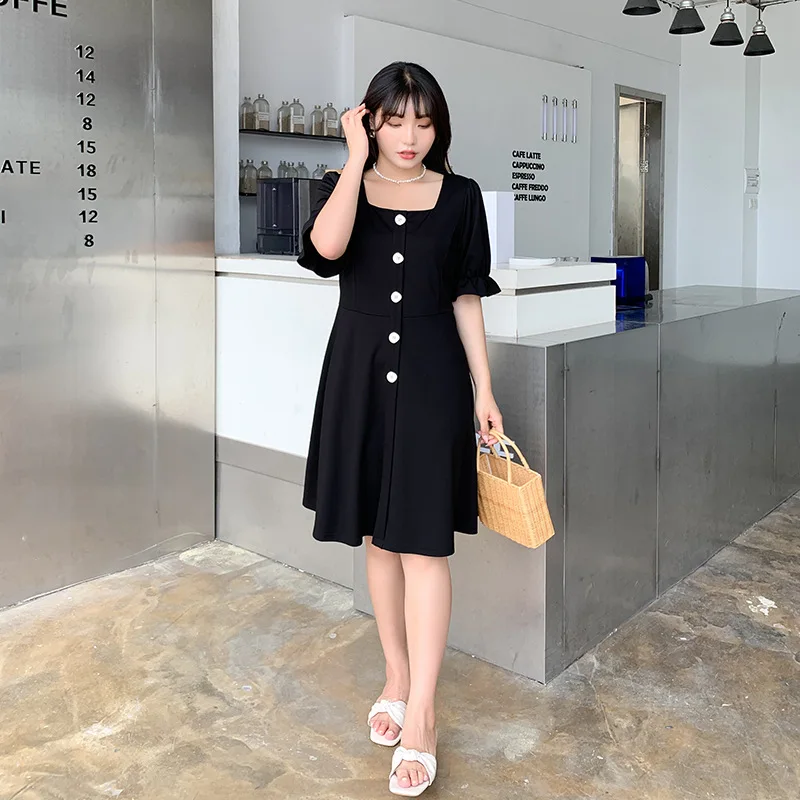

Plus Size Women Chic Fashion With Buttons Midi Dress Vintage Puff Sleeves Back Smocked Detail Female Dresses Vestidos Mujer C246