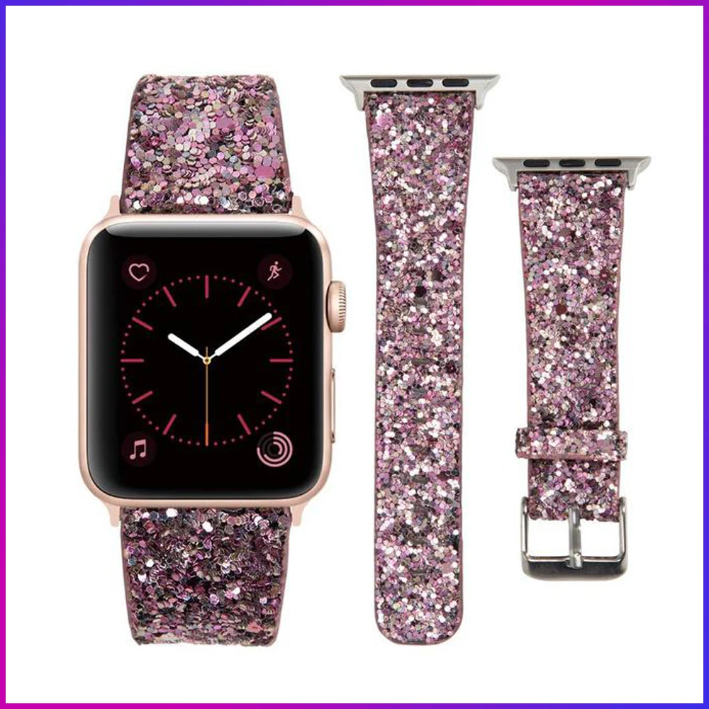 

2021 Leather Band for Apple Watch 38mm 40mm Women Bling Diamond 42mm 44mm Genuine Shiny Glitter Strap iWatch Series 6 5 4 3 2 1