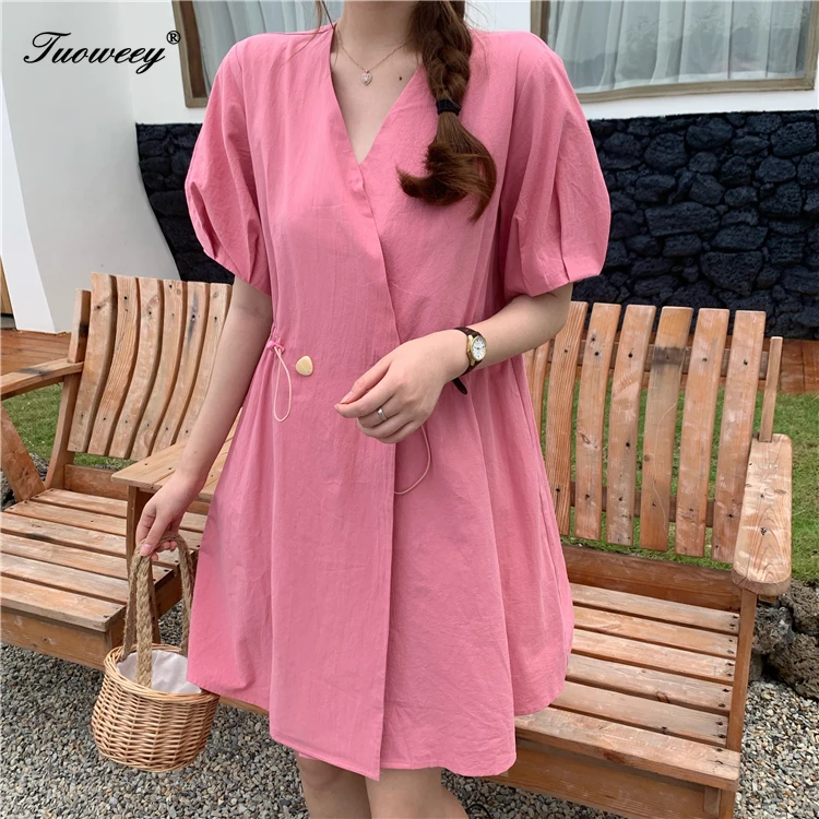 

V Neck Pink Mini Wrap Dress Short Sleeve Holiday Summer style Mini Dress Women Casual loose Short Shirt Dresses Women