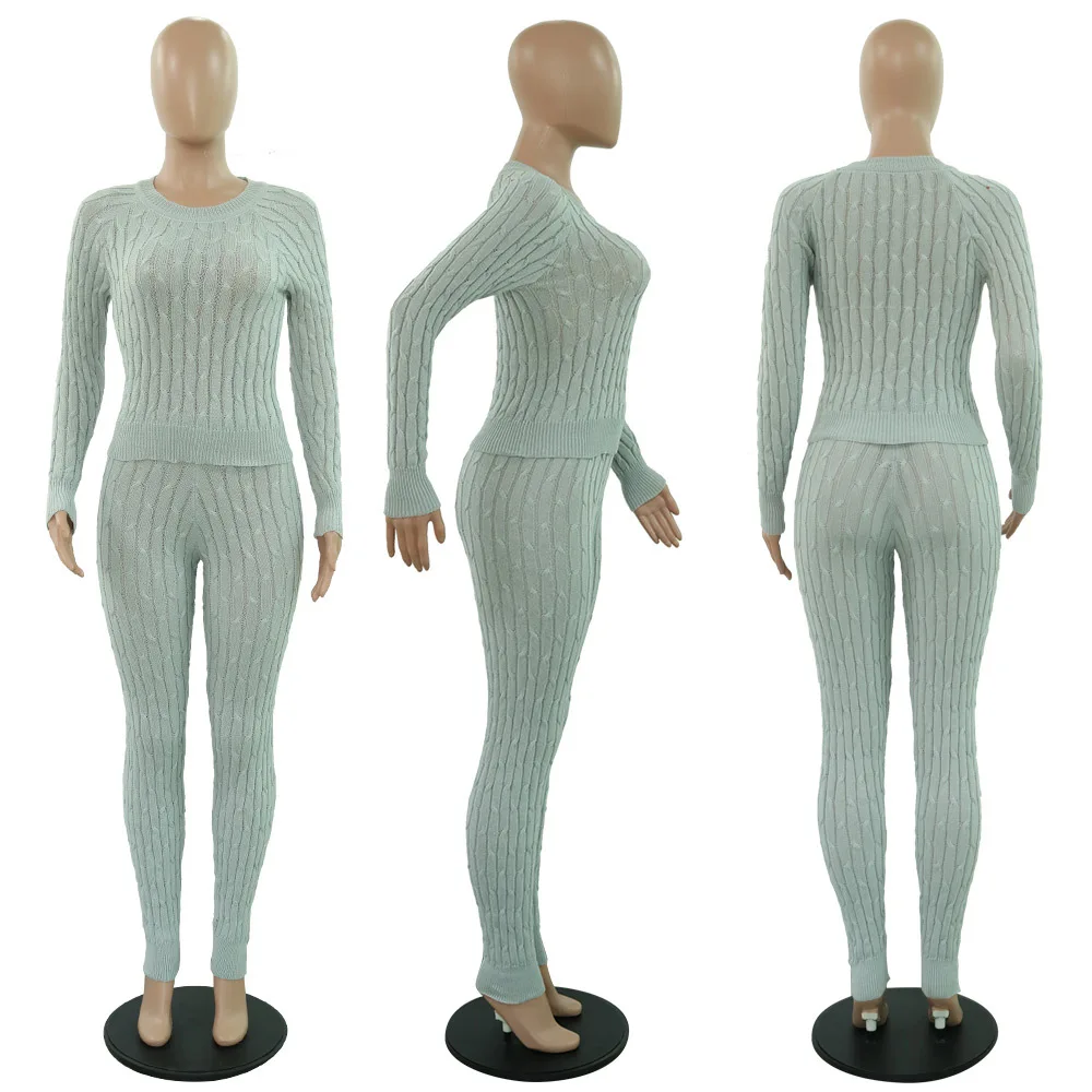 Autumn Winter Women Set Long Sleeve Knitting Sweater Pants Two Piece Tracksuit Club Sportwear Orange Yellow Outfits |