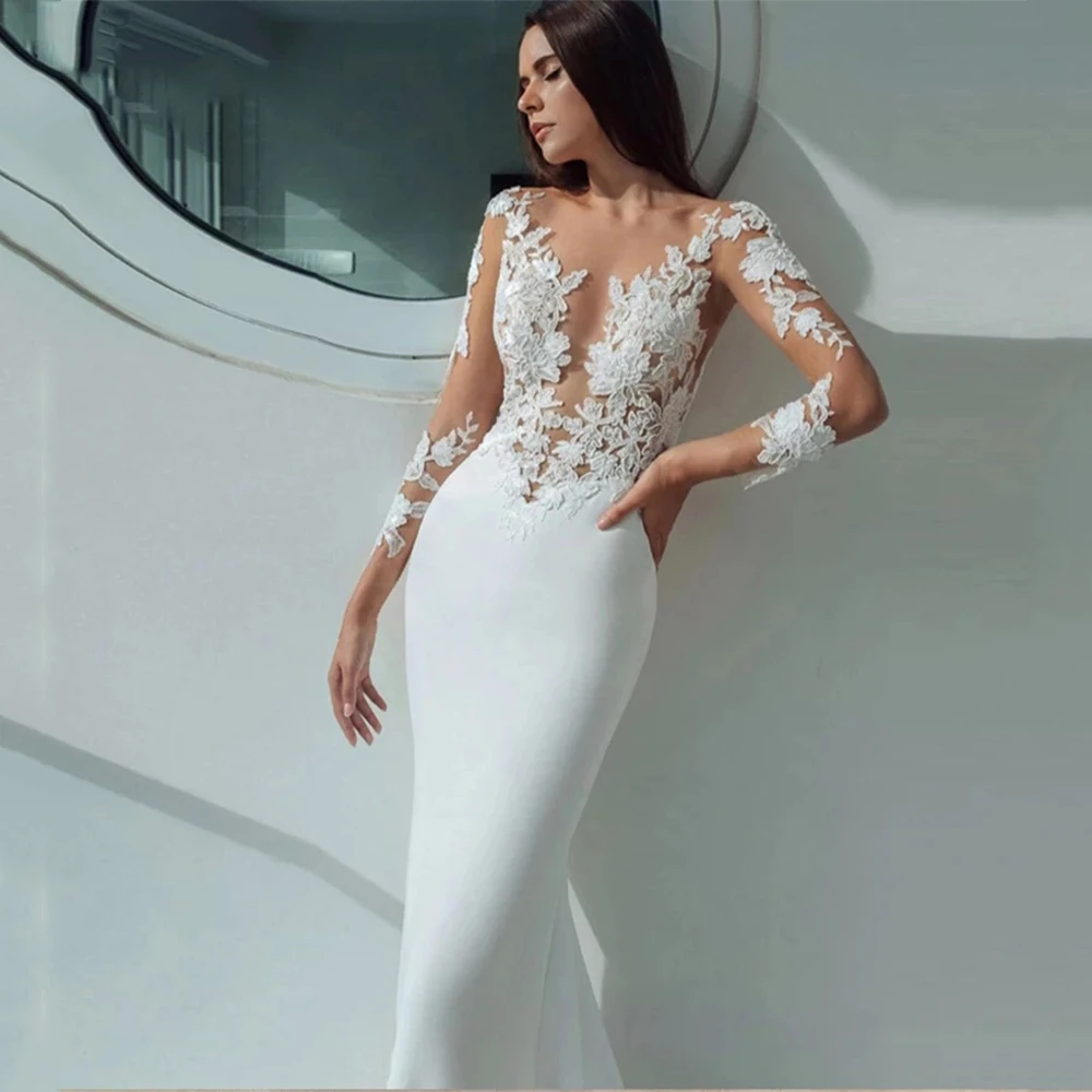 

Elegent Weddding Dresses 2021 Sexy Lace Appliques Scoop Neck Long Sleeves Sweep Train Satin Bridal Gowns Vestido De Novia Custom