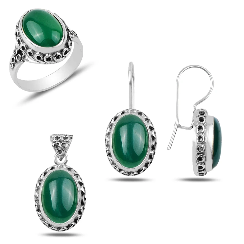 

Silverlina Silver Green Agate Stone Handwork Set