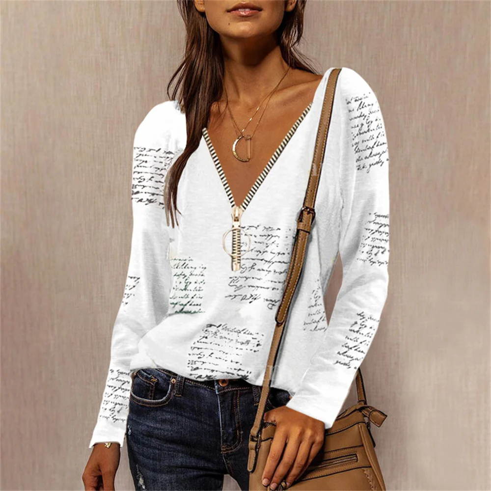 Autumn And Winter New Women's T-Shirt Loose Zipper V-Neck Sexy T-Shirt 2021 Casual Star Print Long-Sleeve Pullover Top