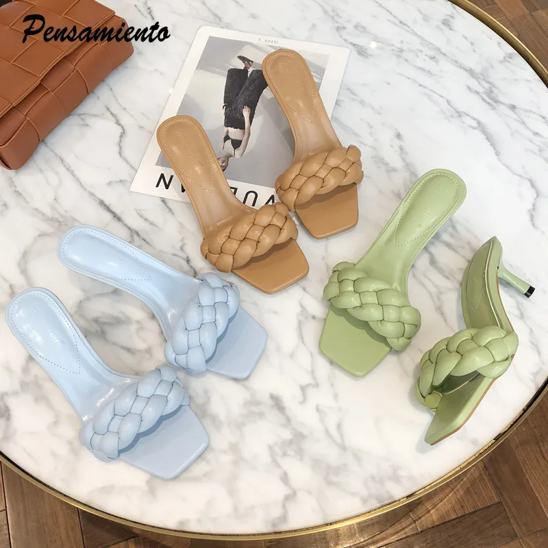 Женские летние шлепанцы однотонные пляжные с квадратным носком сандалии слайды