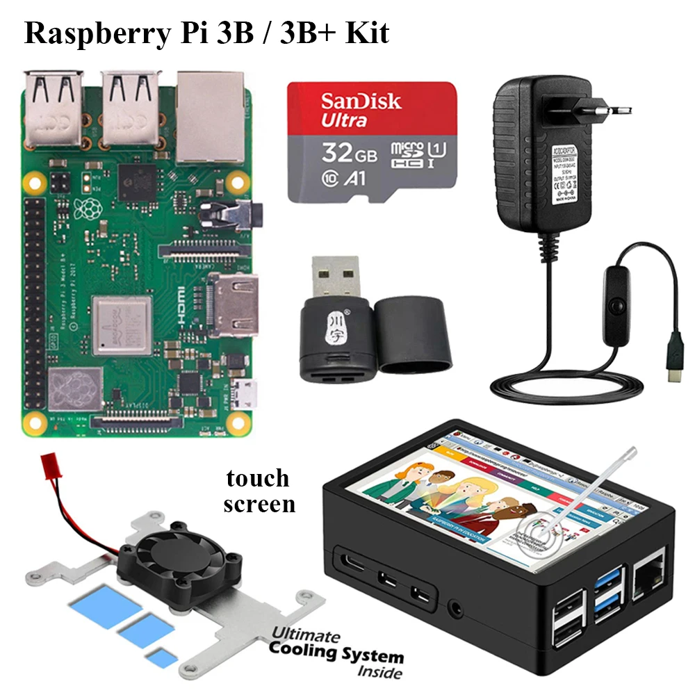 

Original Raspberry Pi 3 + 3.5 Inch Touch Screen + ABS Case + Fan + Power Supply Adapter Charger Pi3 Model B 3B Plus Kit