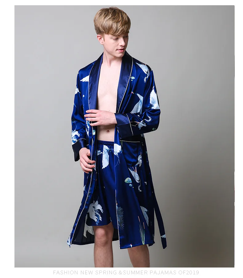2PC robe and shorts Атласная Ночная рубашка из двух предметов, атласная Мужская одежда для сна, свободное платье с тигром, шелковистый халат с длинными рукавами и длинные штаны, ночной комплект для мужчин - Цвет: 2PC robe and shorts