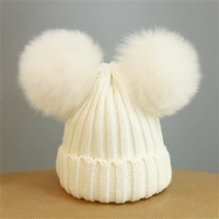 double pompom ball knitted caps for women baby real fox fur pom pom womens winter hat female headgear skullies beanies