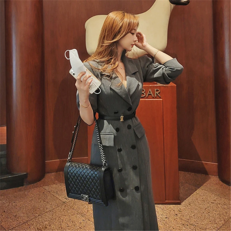 

Korean Style OL Slim Double Breasted Fashion Dress 2020 Autumn Office Lady High Quality Notched Collar Long Sleeve Dresses