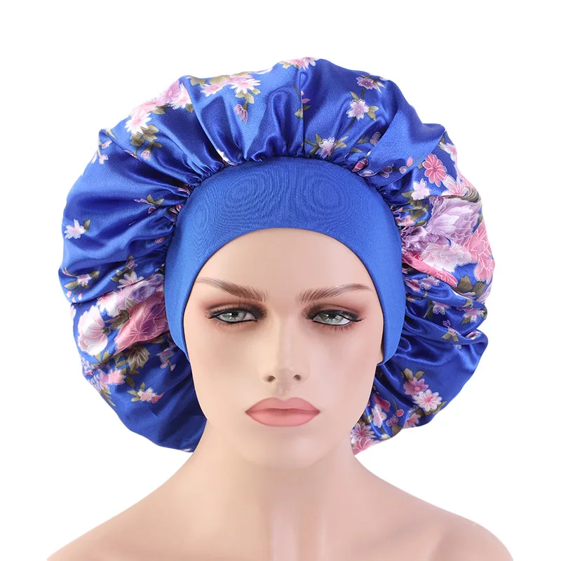 

Women Satin Wide-brimmed Sleep Hat Large size floral print silky Elastic Bonnet Hat Hair Care Head Cover Hair Loss Shower Cap
