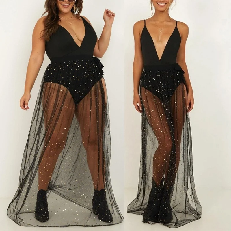 

Plus Size Sexy Sequins Gauze Skirt Long Skirts for Women Black Floor-Length A-LINE Sequin Skirt Women Donsignet