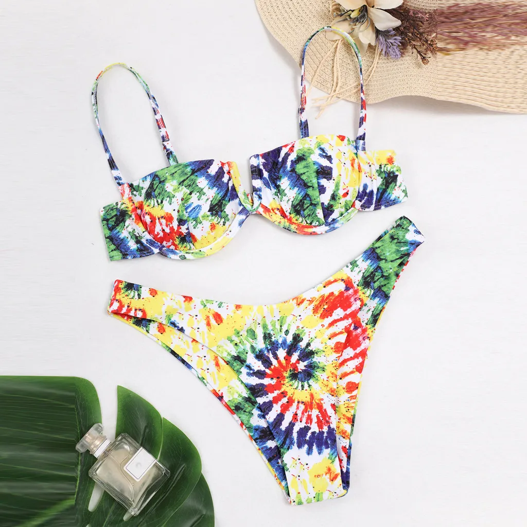 Комплект бикини женский с принтом бандо пляжная одежда подкладками купальный