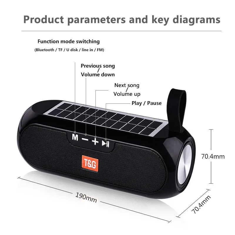 

TG182 Solar Charging Wireless Bluetooth Speaker, Outdoor Portable Subwoofer, Support Card Playback, FM Radio