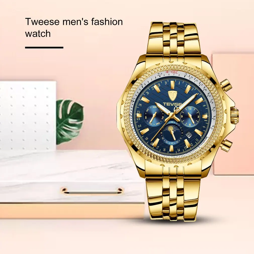 

TEVISE Men's Six-pin Mechanical Watch Stainless Steel Belt Box Packaging Luminous Watch Waterproof Solid Belt