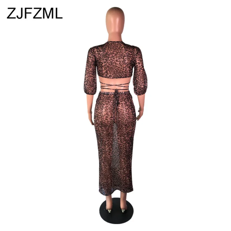 

Leopard Sexy Two Piece Skirt Set Women Clothes Deep V Neck Long Sleeve Tie Up Crop Top + Bandage Long Skirts Club Matching Sets