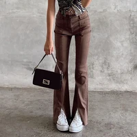 weiyao y2k jeans brown solid split vintage grunge streetwear pants women low waist school girl denim trousers 90s outfits