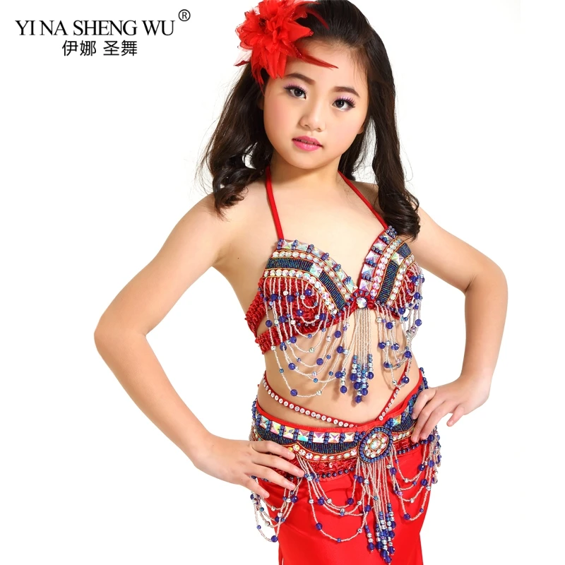 Red-2pcs-Bra-Belt Детские танцевальные костюмы, комплект для девочек, Восточный танец живота, расшитый бисером, с кисточками, новая детская одежда для сцены, танцевальная одежда, комплект из 2 предметов/3 шт - Цвет: Red-2pcs-Bra-Belt