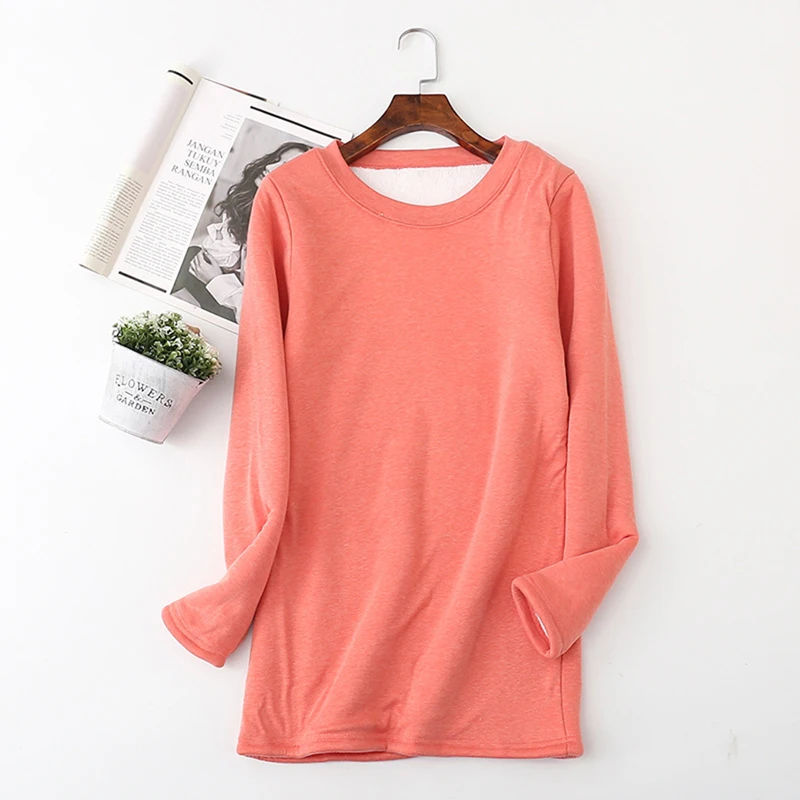 light red Женская толстовка из плотного флиса, зимние Бархатные Теплые облегающие толстовки, повседневное нижнее белье с круглым вырезом, флисовый женский топ Sudadera Mujer - Цвет: light red