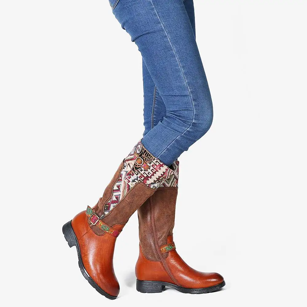 SOCOFY Botas mujer; ботинки из натуральной кожи с квадратным узором; ботинки до середины икры на мягкой плоской подошве; обувь на каблуке; женская зимняя обувь