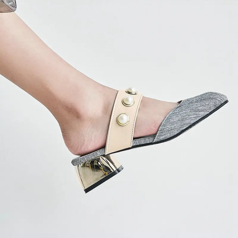 

Sianie Tianie 2020 summer med heel woman slides slippers with pearls decoration fashion women sandals mules extra large size 47