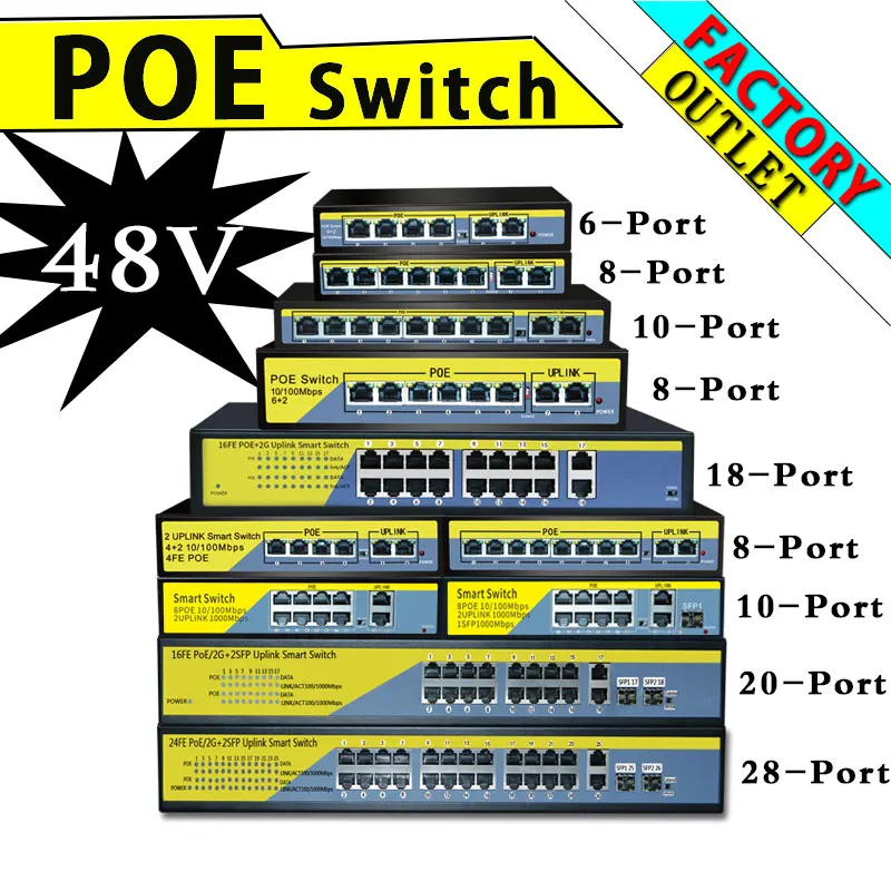 POE коммутатор 48 В стандартный 5/6/8/10/11/16/24 портов для IP камеры 250 метров защита от