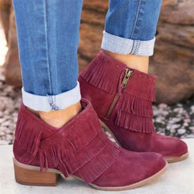 

Plus size women's shoes 2020 new autumn and winter fashion cross tassel side zipper pointed toe square heel women casual shoes