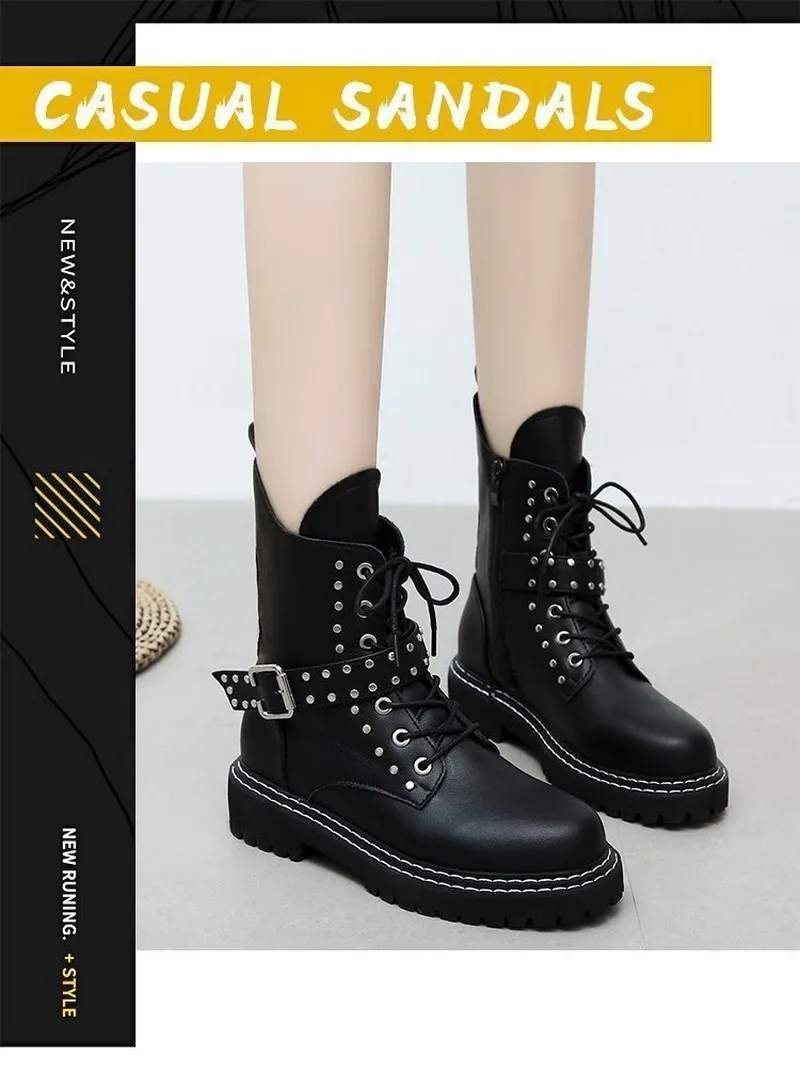 

Martin Boots Female British Style Increased Rubber Short 2020 New Slim Short Boots Handsome Thick-soled Rivet Motorcycle Boots