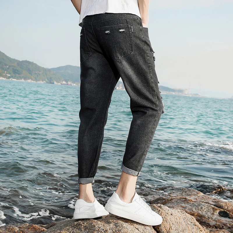 

HENCHIRY New Summer Casual Everyday Men's Ankle Pants Fashion Versatile Jeans Washable Personality Trend Zipper Straight Pants
