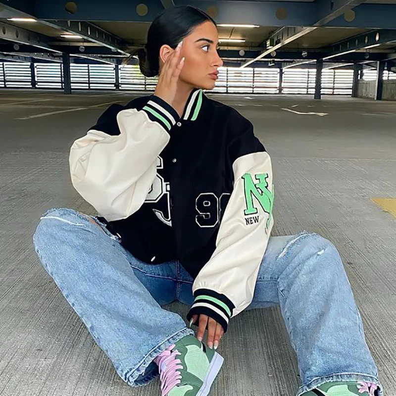

Ins Wind 2021 Autumn Winter New Women's Alphanumeric Embroidery Pu Leather Splicing Long Sleeve American Baseball Jacket