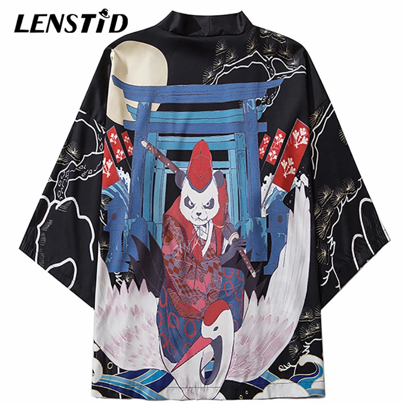 LENSTID Japanese Samuri Panda Print Kimono Cardigan Jackets Harajuku Streetwear Hip Hop Summer Thin Loose Clothing Fashion Tops | Мужская
