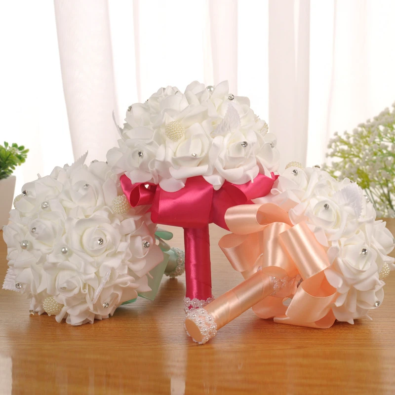 

Elegant Rose Artificial Bridal Flowers Bride Bouquet Wedding Bouquet Crystal Silk Ribbon