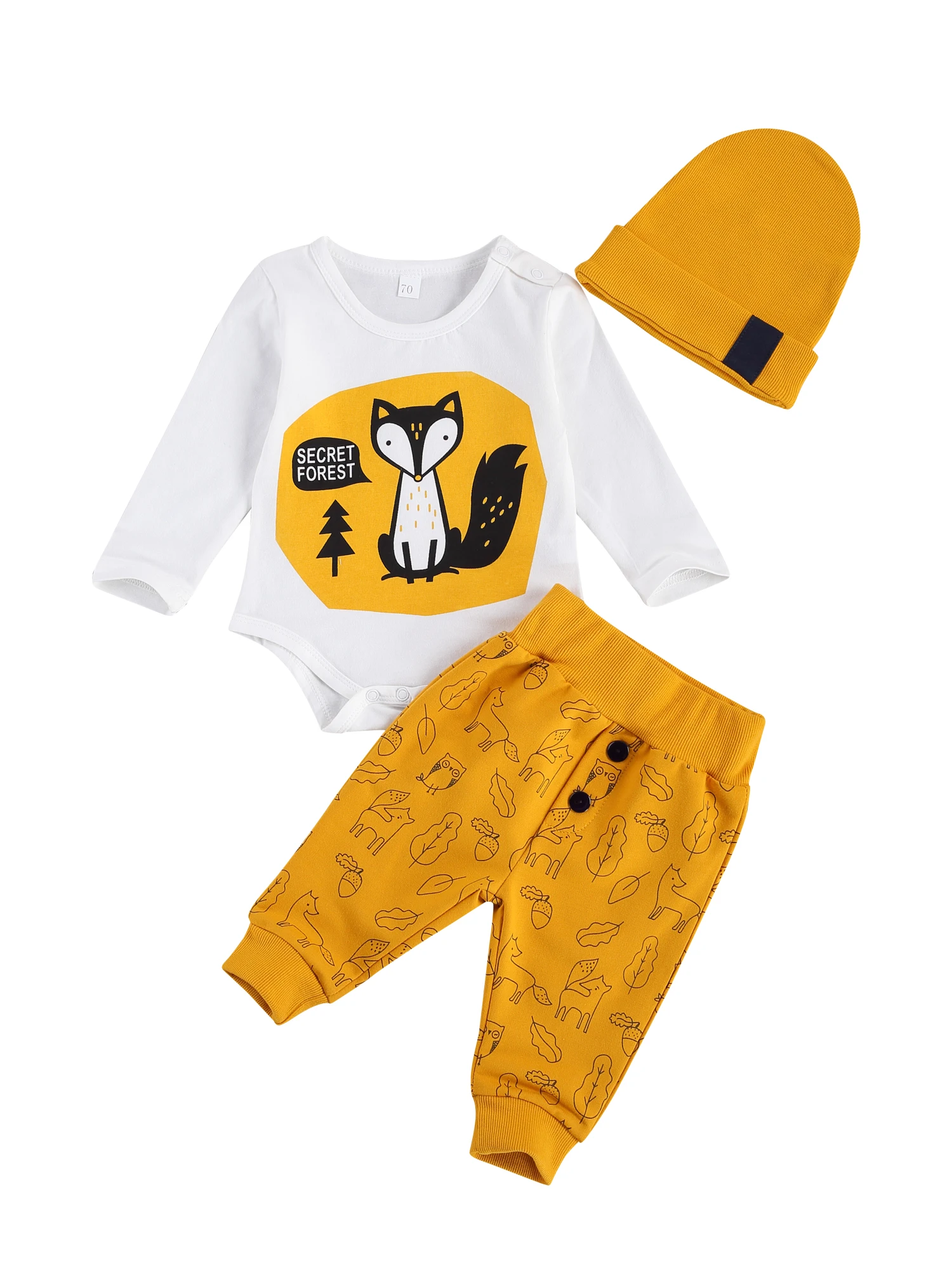 

Комбинезон с принтом в виде лисы + длинные штаны с принтом в виде пуговиц + однотонная шапочка, для новорожденных мальчиков, 3 шт.