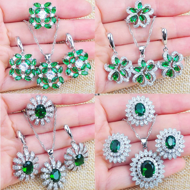 

Russian Style Green Cubic Zircon Crystal Jewelry Set Earrings Feminia Accessories Ring Necklace Pendant TZ088