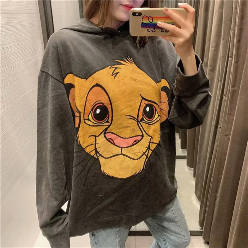 Модные свободные толстовки Kawaii, женские милые весенне-осенние Топы, Женские повседневные топы с рисунком льва, Милая футболка с длинным рукавом, женская футболка