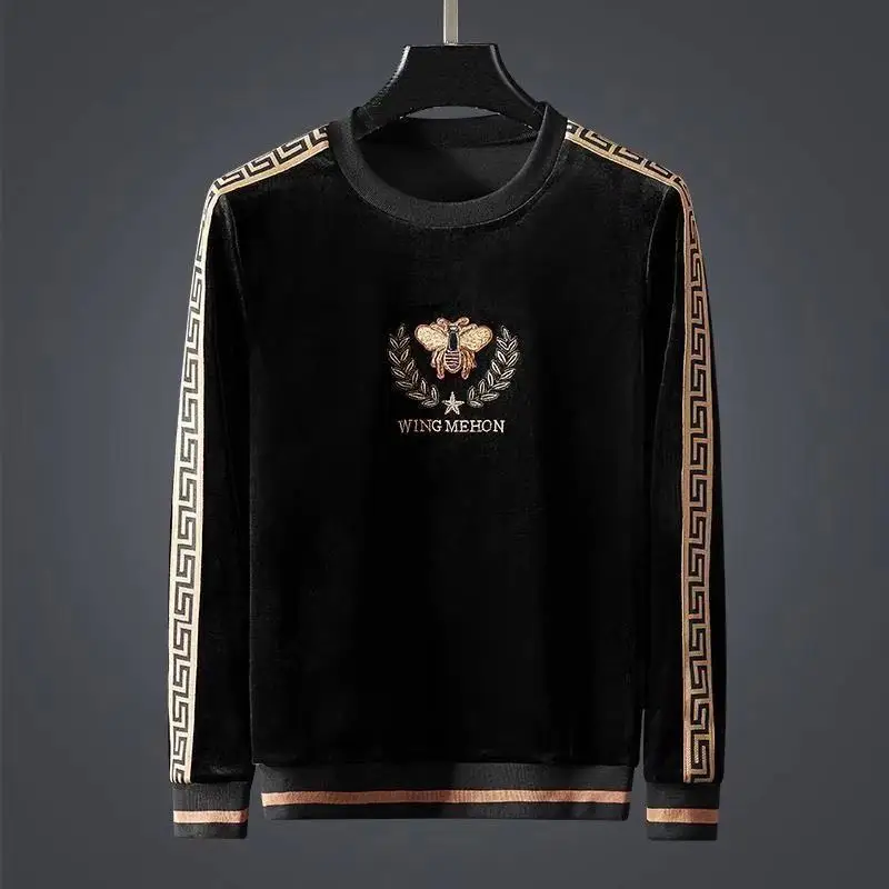 

Sweater men's Velvet round neck Pullover Embroidered Ribbon stitching loose large long sleeve top