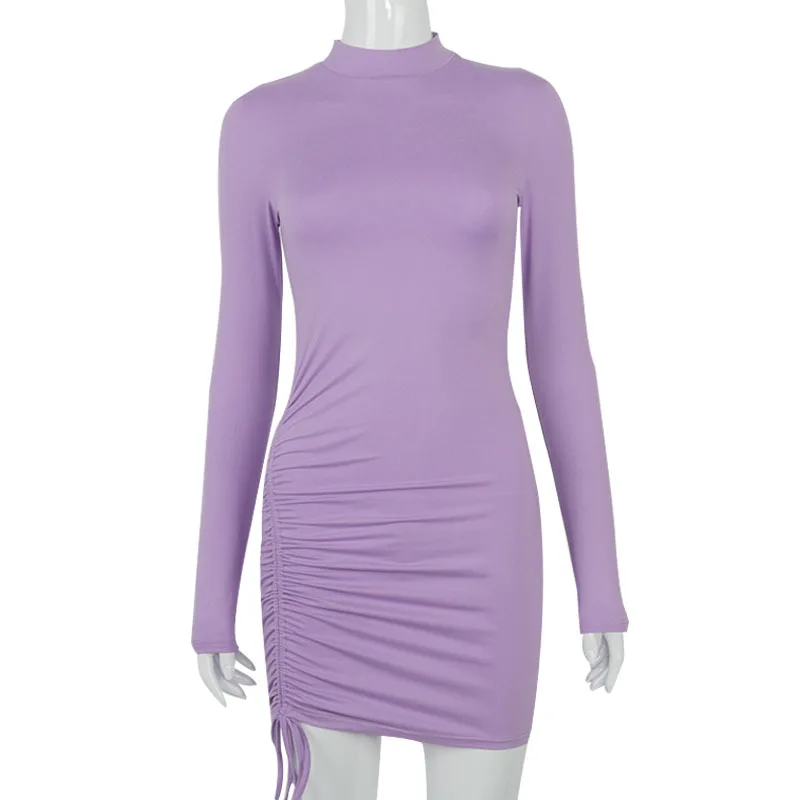 

Autumn Women's Solid Color High Neck Long Sleeve Dress Pleated Lace Up Ultra Bodycone Party Dress