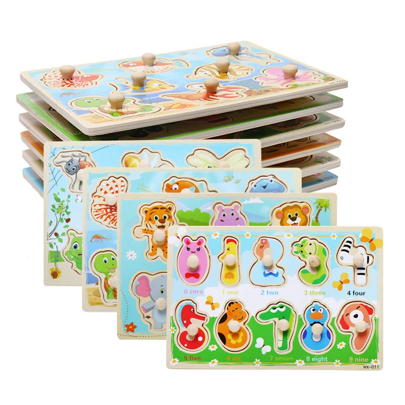 

Montessori Wooden Puzzles Hand Grab Boards Toys Tangram Jigsaw Baby Educational Toys Cartoon Vehicle Animals Fruits 3D Puzzles