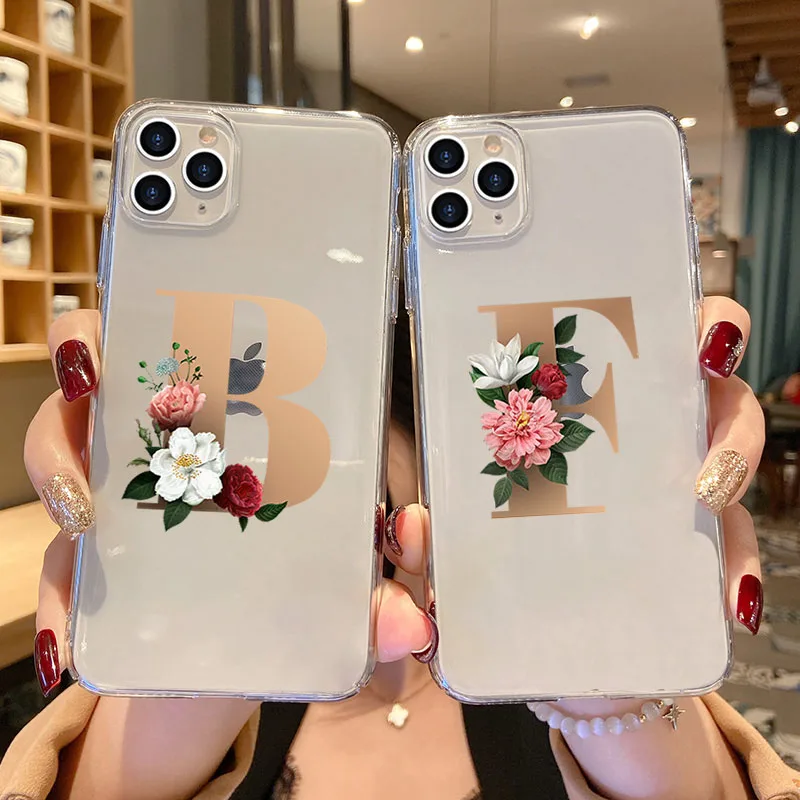 

26 English Name Letters Initial Custom Flower Soft TPU Silicone Phone Case For iphone 11 Pro XS Max X XR 7 8 Plus SE2020 cover