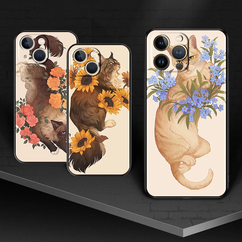 

Animals and Flowers Drawing for Apple iPhone 13 12 11 Pro Max mini XS XR X 7 8 6S 5S SE 2020 Soft Black Phone Case Cover