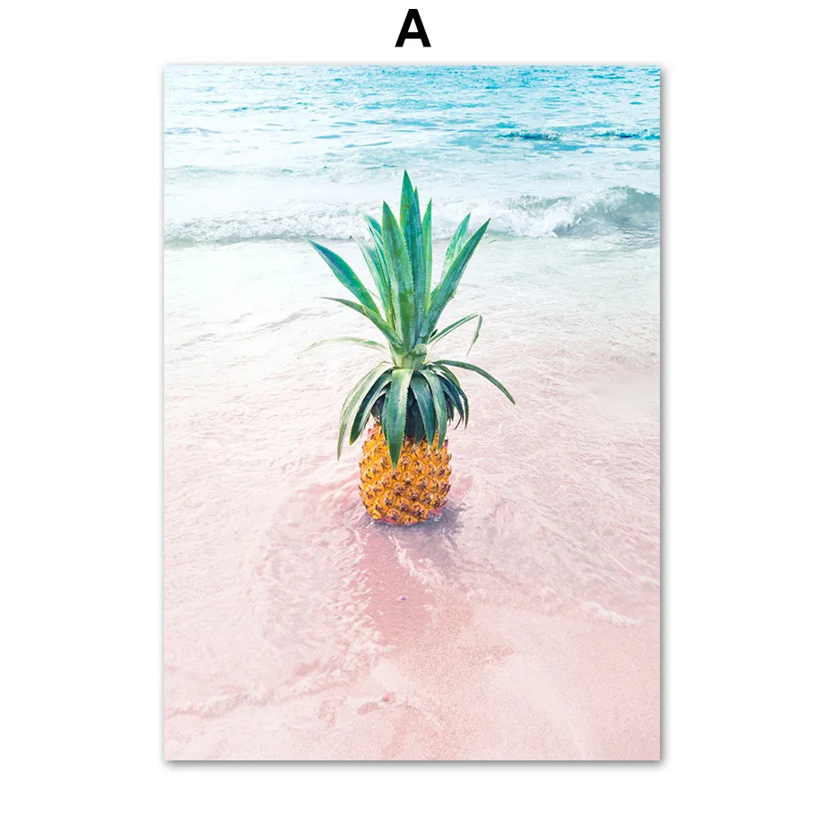 Картина на холсте настенное искусство розовый морской пляж гамак с ананасами